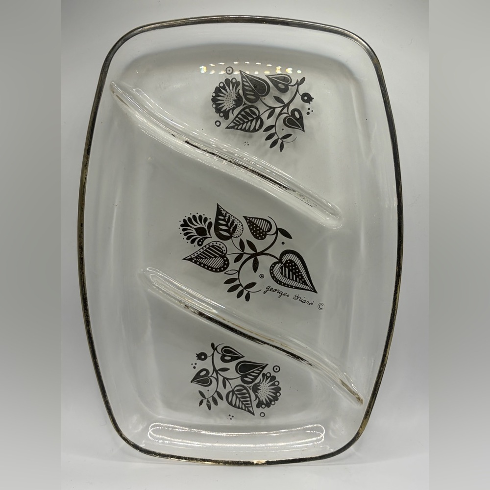 Georges Briard MCM Vintage Divided Silver Botanical Floral Glass Serving Tray